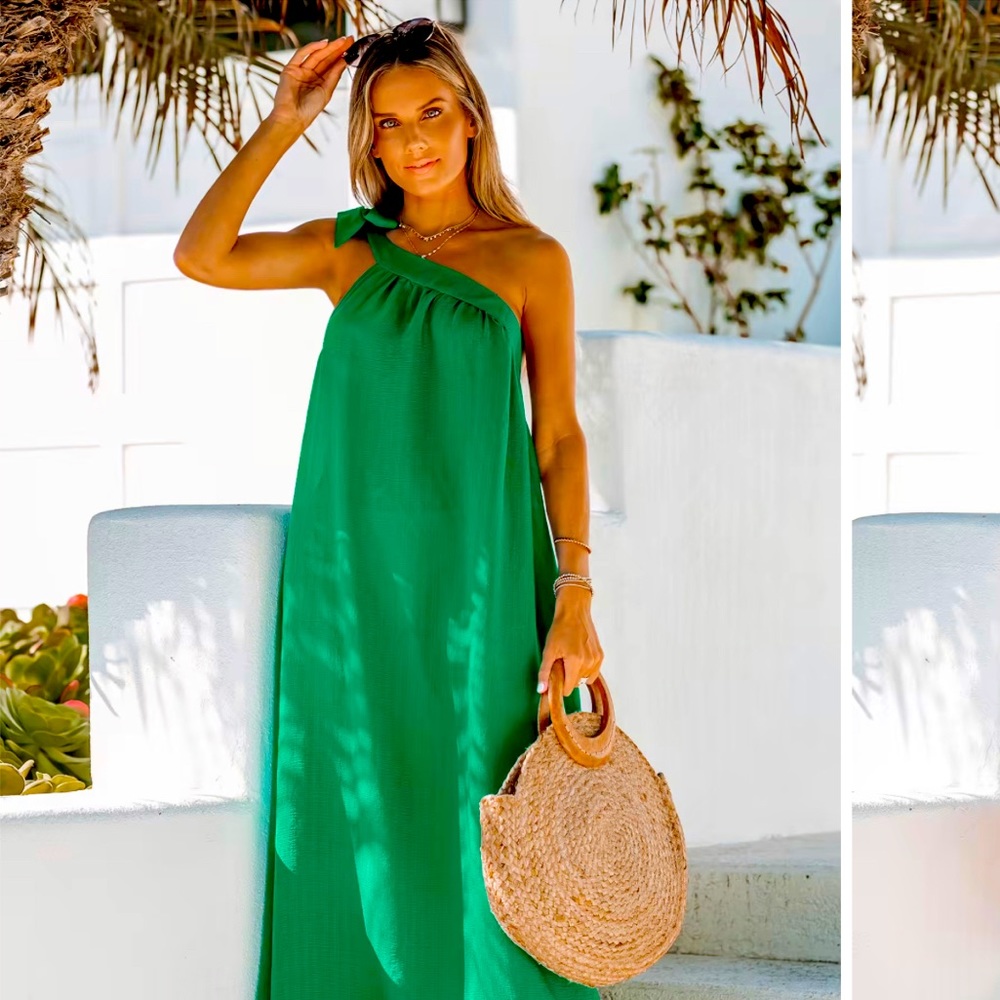 Bow, one shoulder maxi dress.